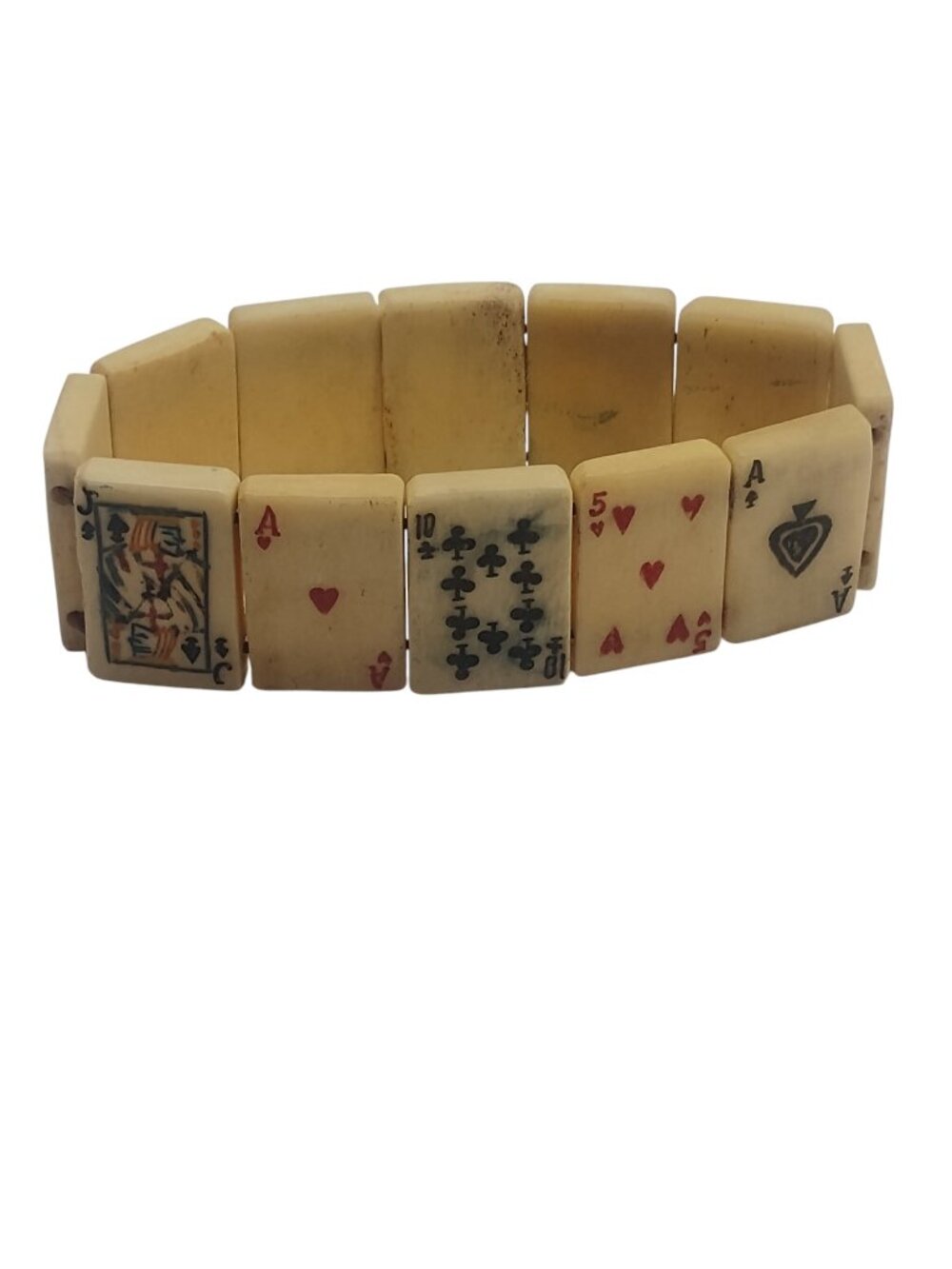 Vintage Hand-Carved Bovine Bone Playing Cards Stretch Bracelet 1950's Jewelry